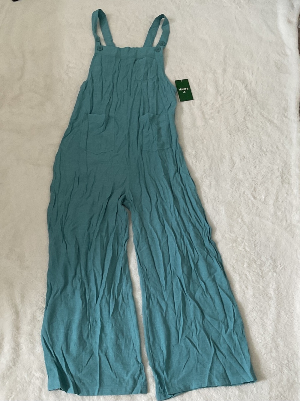 HALARA Teal Wide-Leg Linen-Blend Jumpsuit with Front Pockets